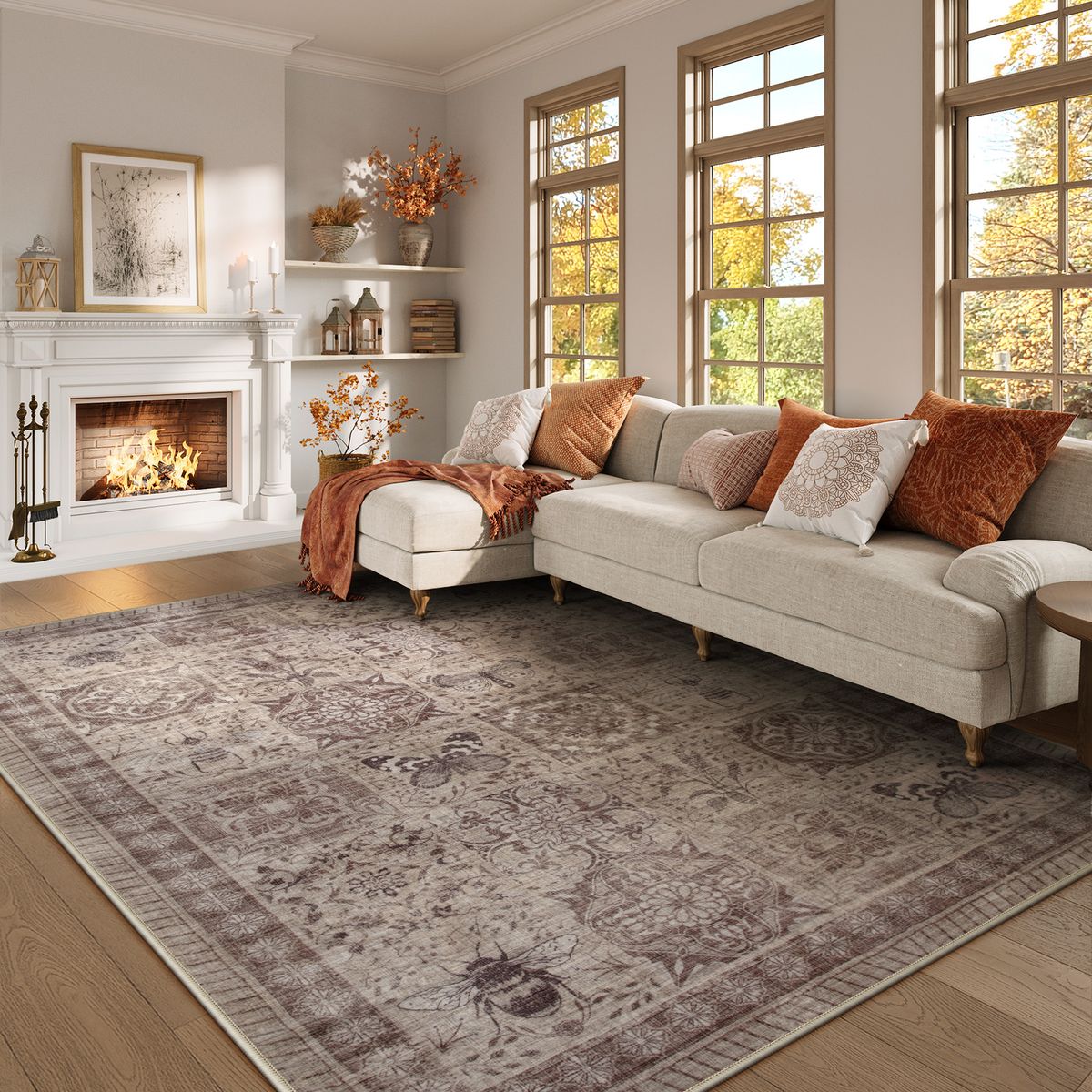 Zoe Washable Neutral Textured Vintage Insect Rose Gold Rug Area Rugs Lahome