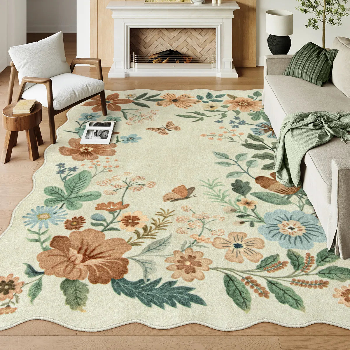 Bee Area Rug Flore Boho Modern Parisian Floral Beige Area Rug - Lahome