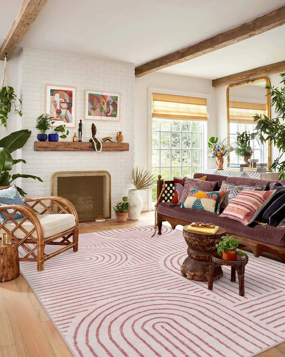 Darrell Washable Abstract Rainbow Stripe Pink/White Rug Clearance Rugs Lahome