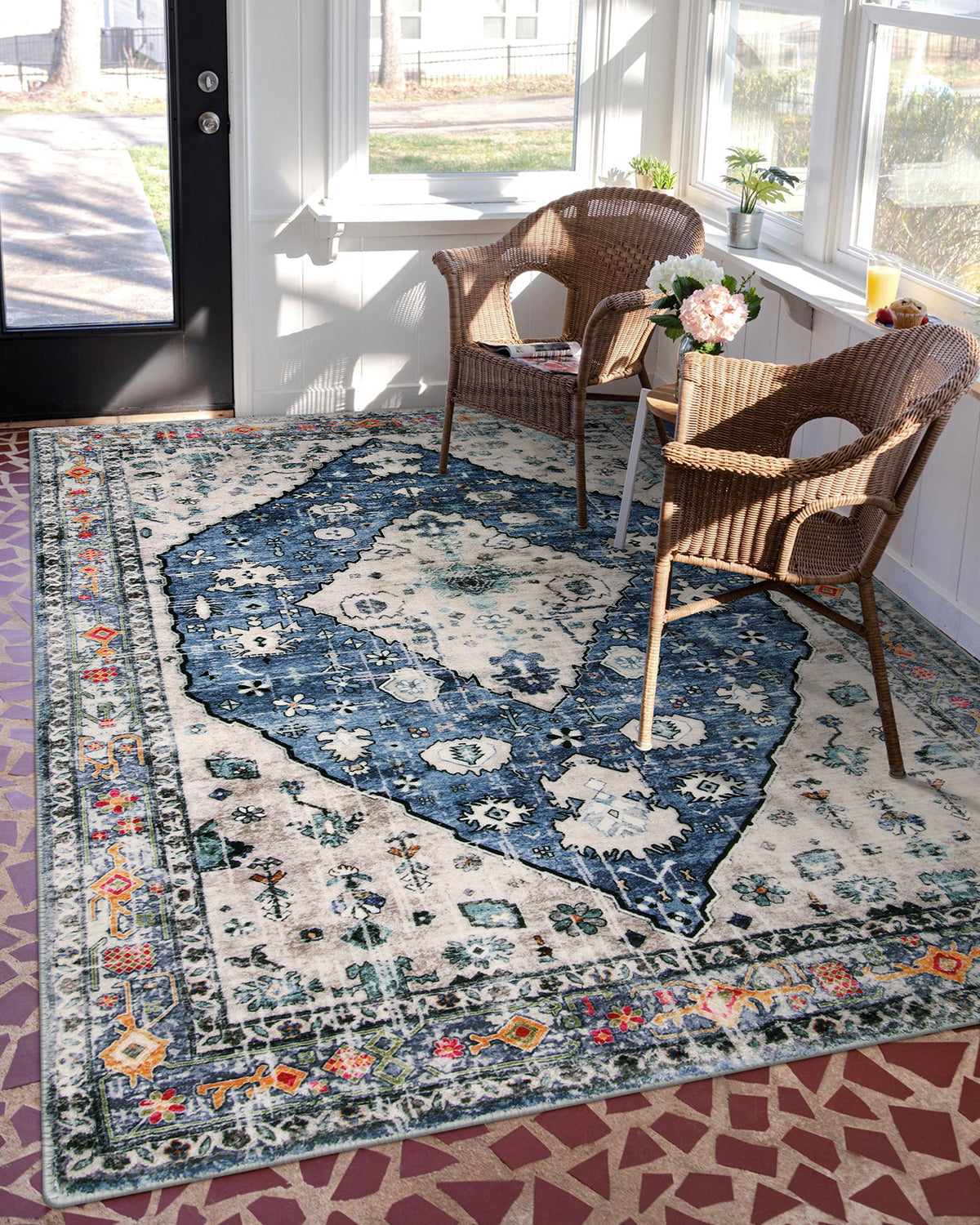 Felice Washable Boho Vintage Tribal Blue Rug Clearance Rugs Lahome