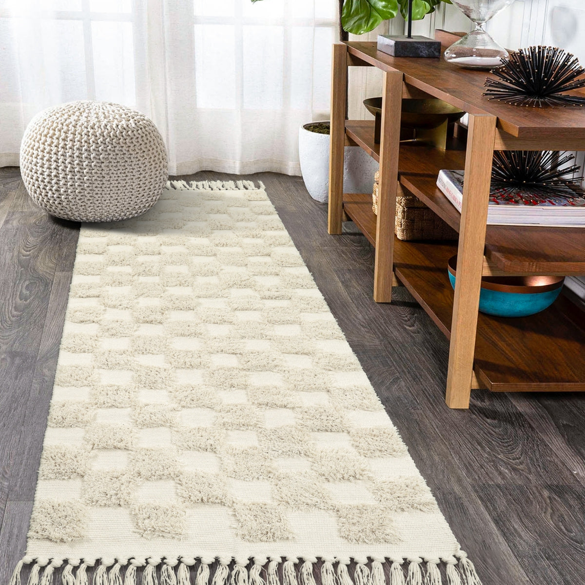 Lahome Checkered Boho Living Room Rug, 3x5 Indoor Rugs for Entryway  Washable Grey Bedroom Rug with Tassels, Farmhouse Bathroom Rug Woven Cotton  Grey