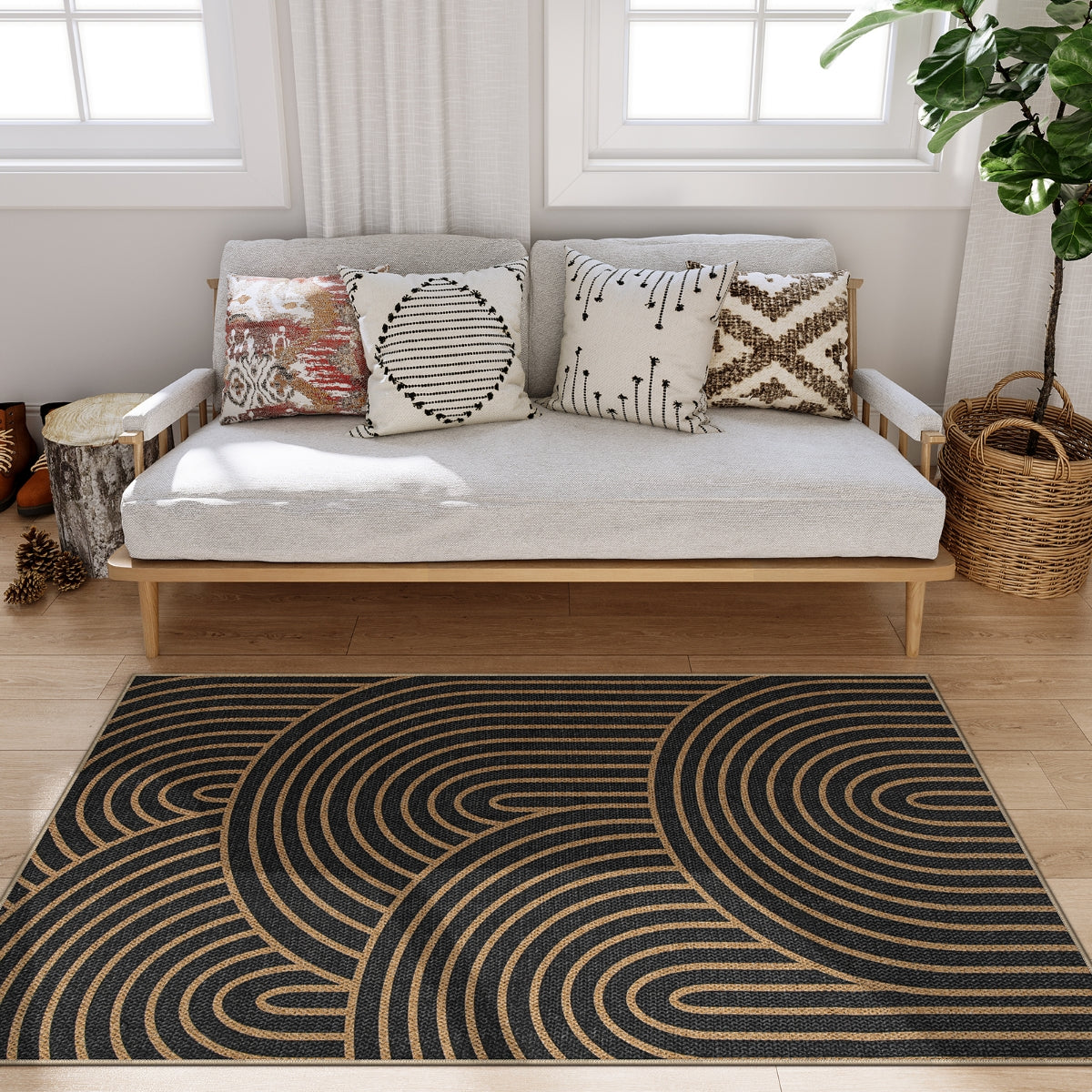 Enora Modern Abstract Rainbow Easy Jute Black Rug