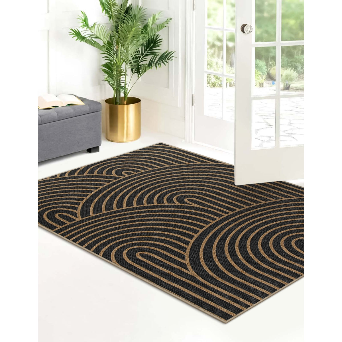 Enora Modern Abstract Rainbow Easy Jute Black Rug