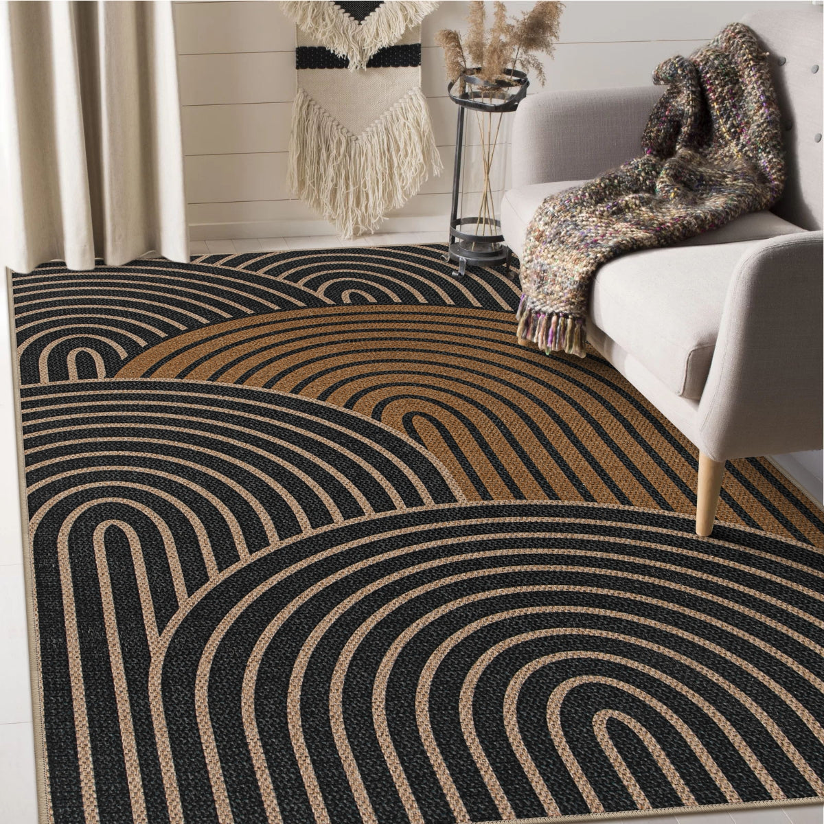 Enora Modern Abstract Rainbow Easy Jute Black/Nature Rug