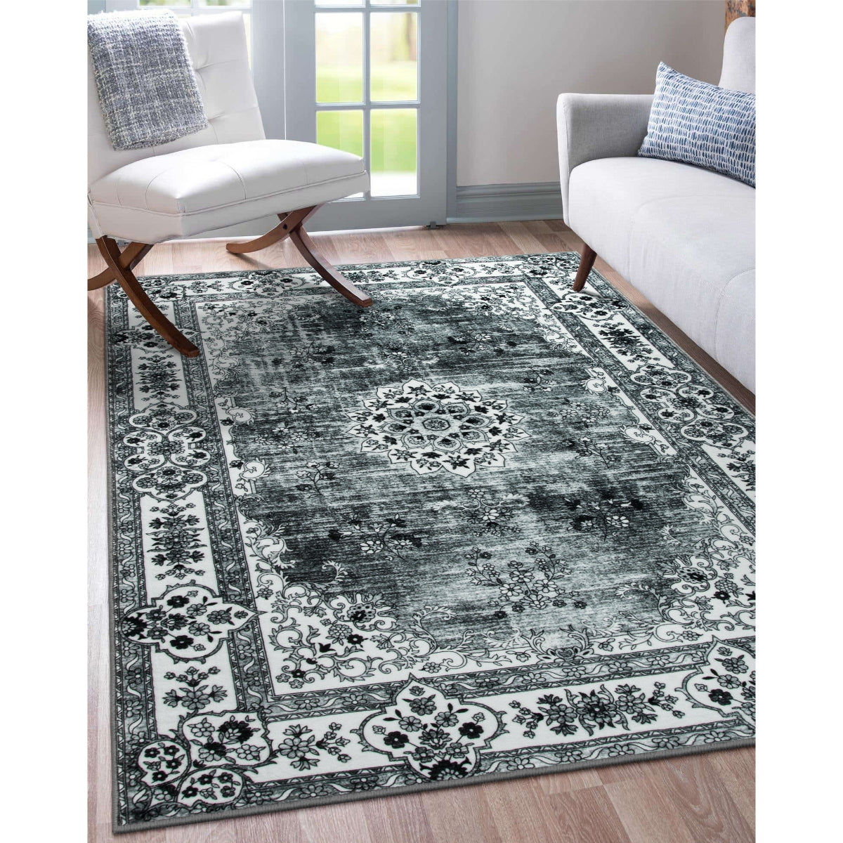 Evanthe Boho Floral Medallion Black Grey Area Rug