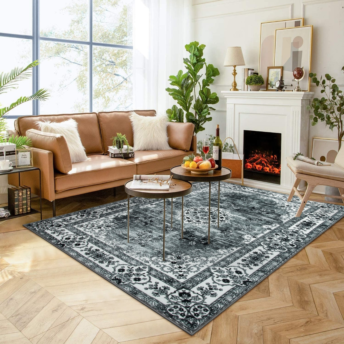 Evanthe Boho Floral Medallion Black Grey Area Rug