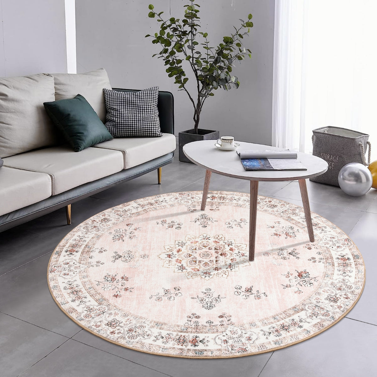 Evanthe Boho Floral Medallion Peach Pink Area Rug