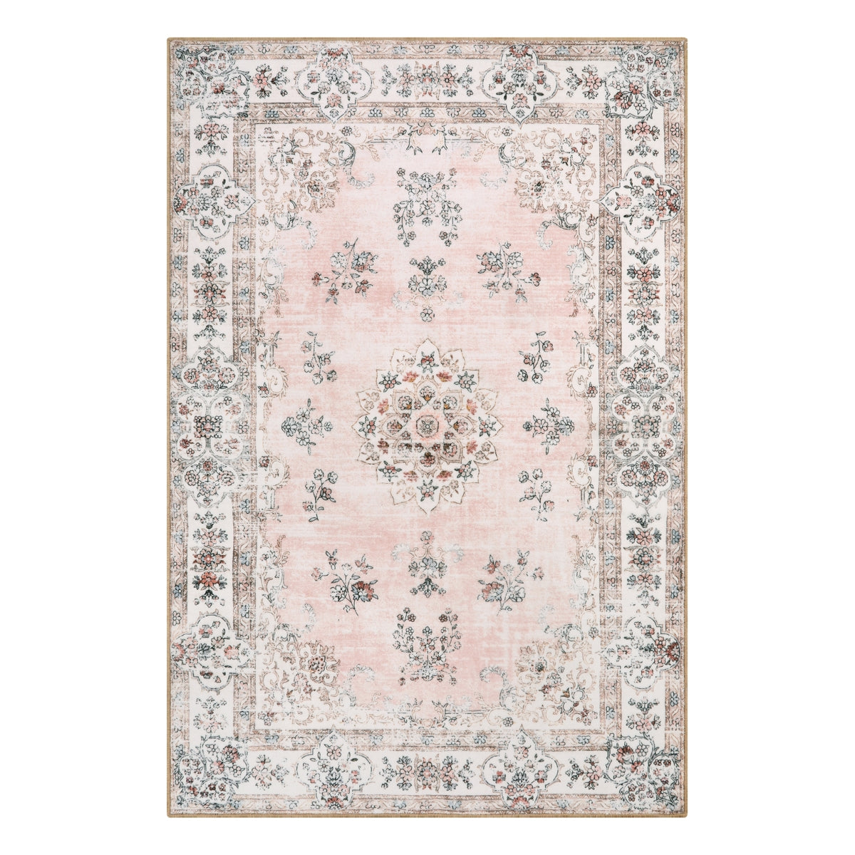 Evanthe Boho Floral Medallion Peach Pink Area Rug