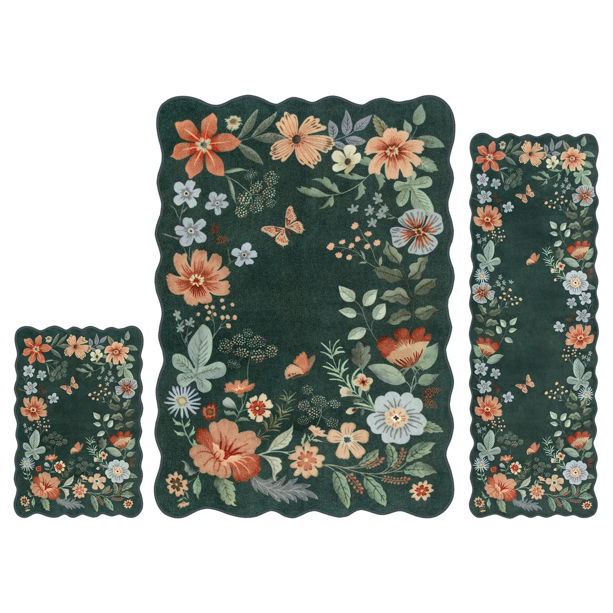 Flore Washable Boho Whimsical Floral Dark Green 3 Piece Rug Set Rug Set Lahome