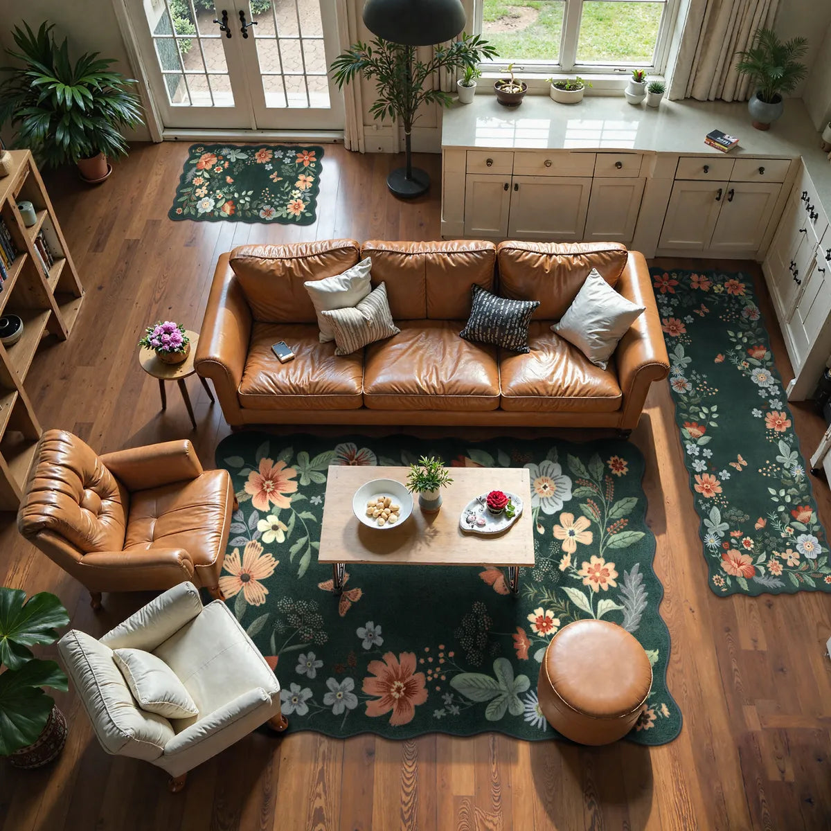 Flore Washable Boho Whimsical Floral Dark Green 3 Piece Rug Set Rug Set Lahome 2' x 3' + 2' x 6' + 5' x 7'