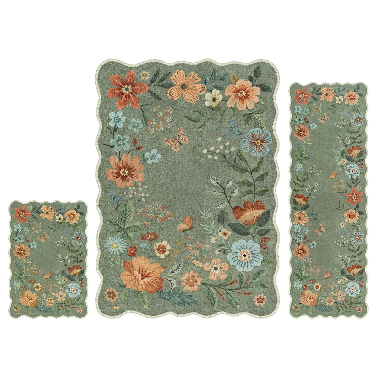 Flore Washable Boho Whimsical Floral Green 3 Piece Rug Set Rug Set Lahome