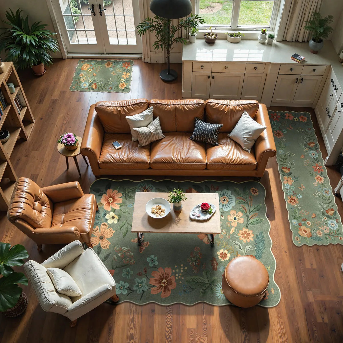 Flore Washable Boho Whimsical Floral Green 3 Piece Rug Set Rug Set Lahome