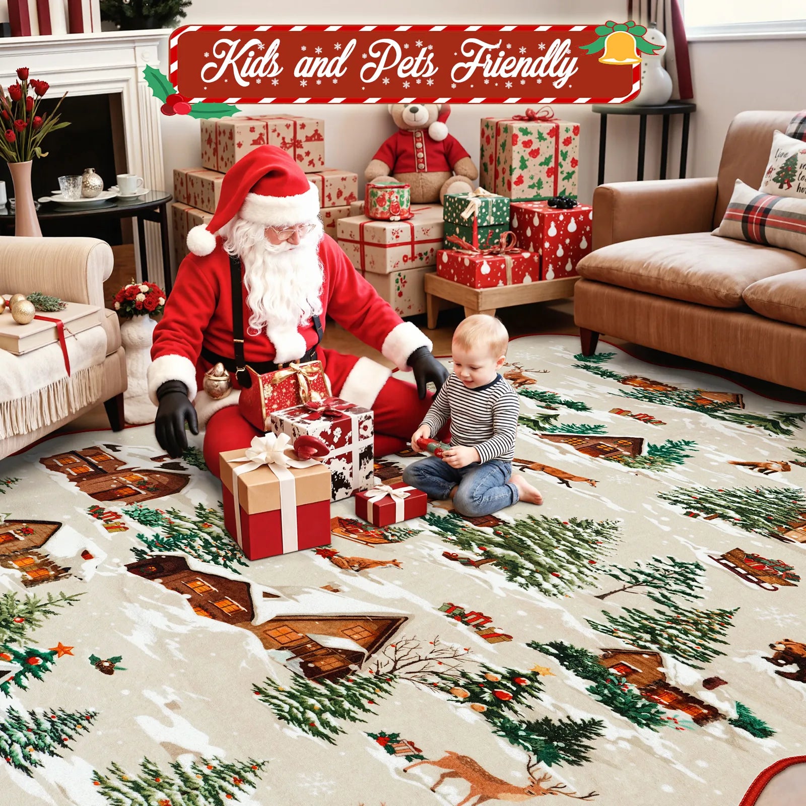 Gabriel Christmas Washable Cottage Lights Forest Animals Beige Rug Area Rugs Lahome