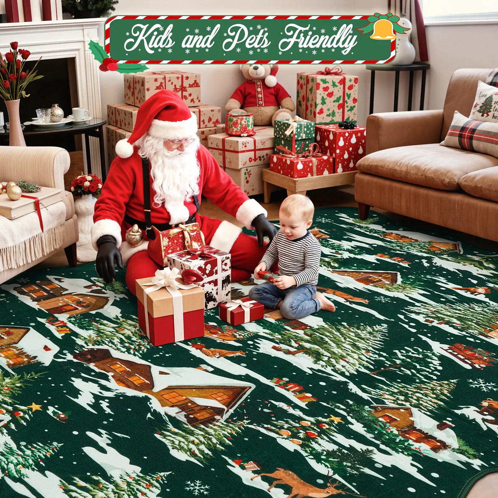 Gabriel Christmas Washable Cottage Lights Forest Animals Green Rug Area Rugs Lahome