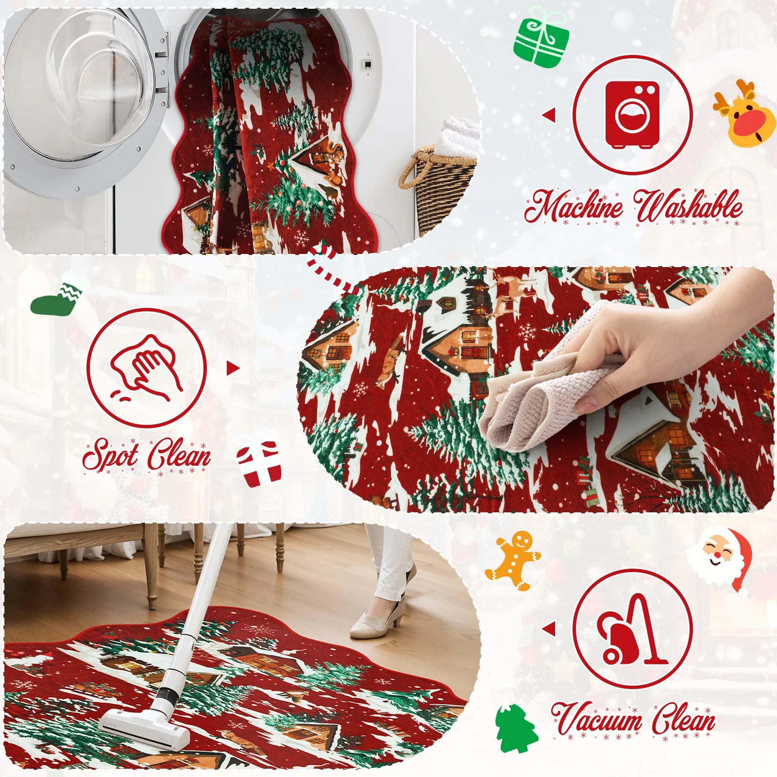Gabriel Christmas Washable Cottage Lights Forest Animals Red Rug Area Rugs Lahome