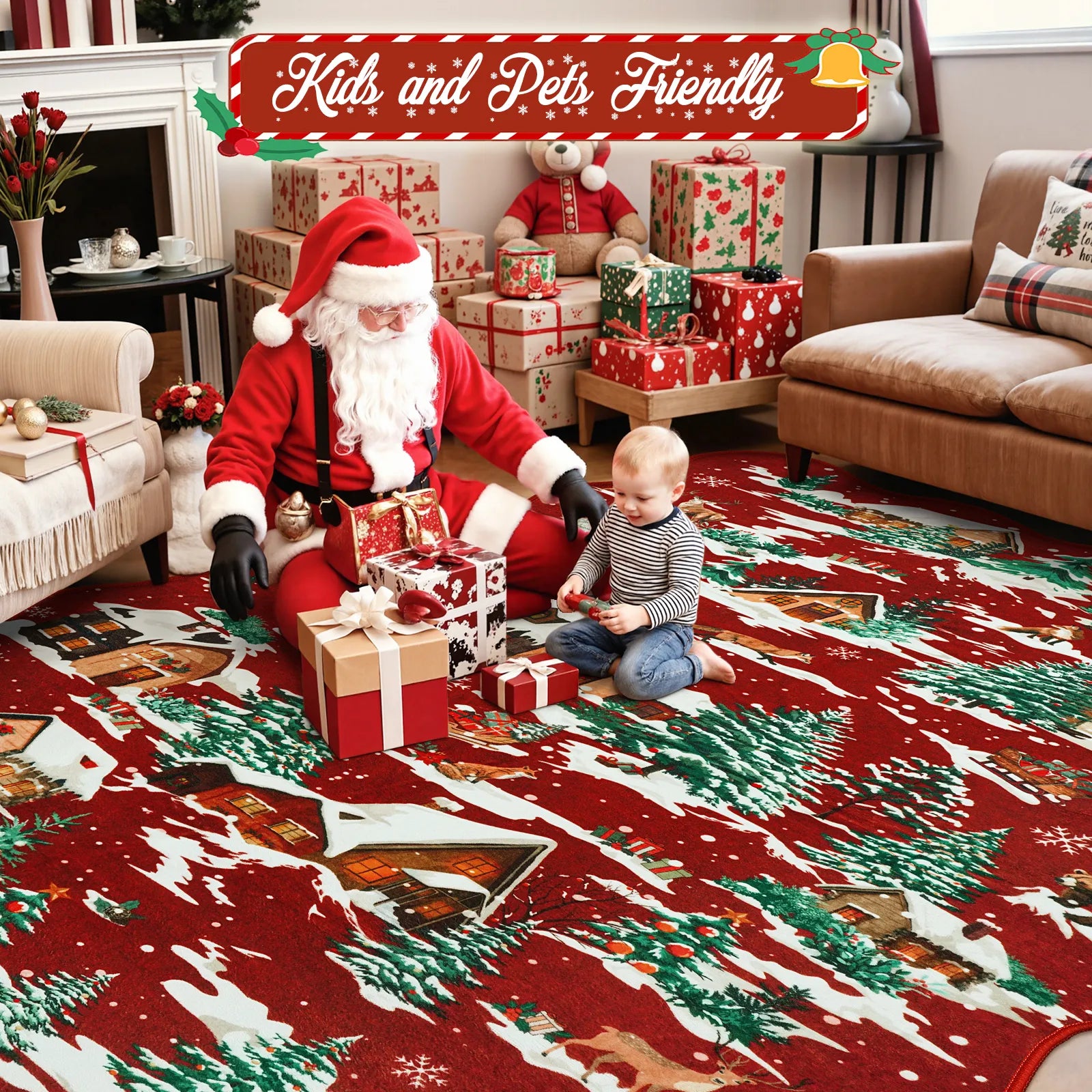 Gabriel Christmas Washable Cottage Lights Forest Animals Red Rug Area Rugs Lahome