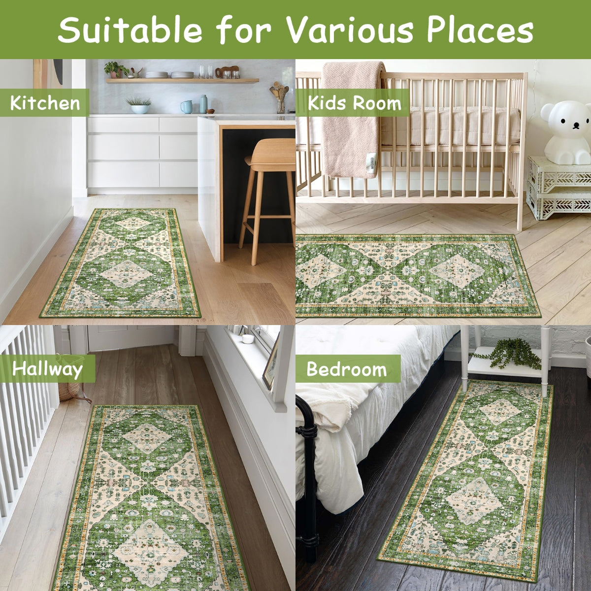 Lahome Green Runner Rug for Entryway Indoor, Floral Hallway Kitchen Runner  Rugs Non Skid Washable Indoor Outdoor Rug Runner, Modern Low Profile Non