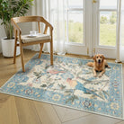 Jardina Washable Vintage Botanical Birds Blue Rug Area Rugs Lahome