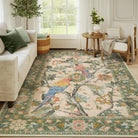 Jardina Washable Vintage Botanical Birds Green Rug Area Rugs Lahome 8' x 10'