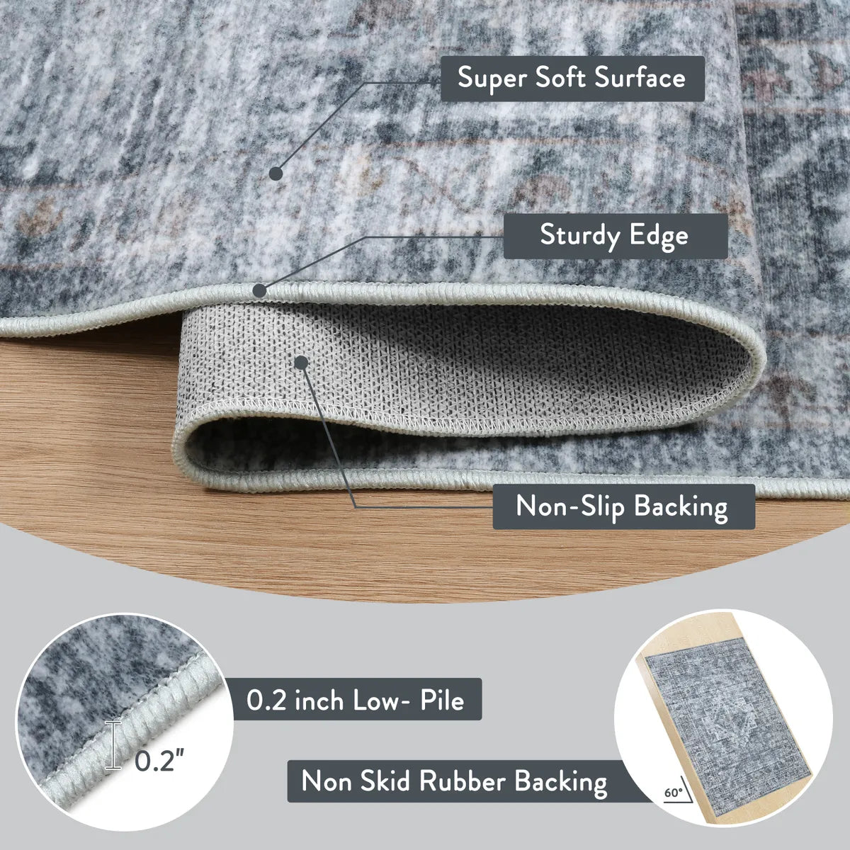 Alene Washable Vintage Medallion Floral Dark Grey Rug Area Rugs Lahome