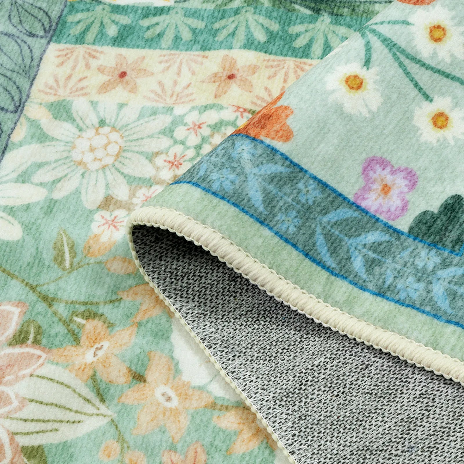 Amour Washable Boho Patchwork Floral Green Rug Rugs Lahome
