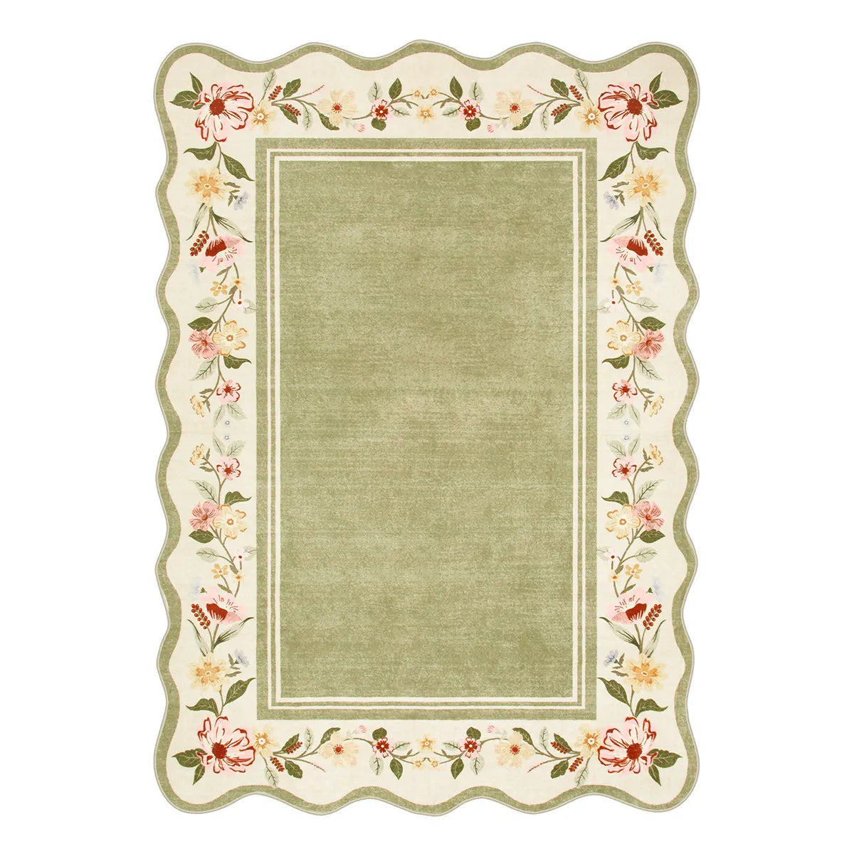 Washable Sage Green Floral Scalloped Rug | Ariele Vintage Style - Lahome