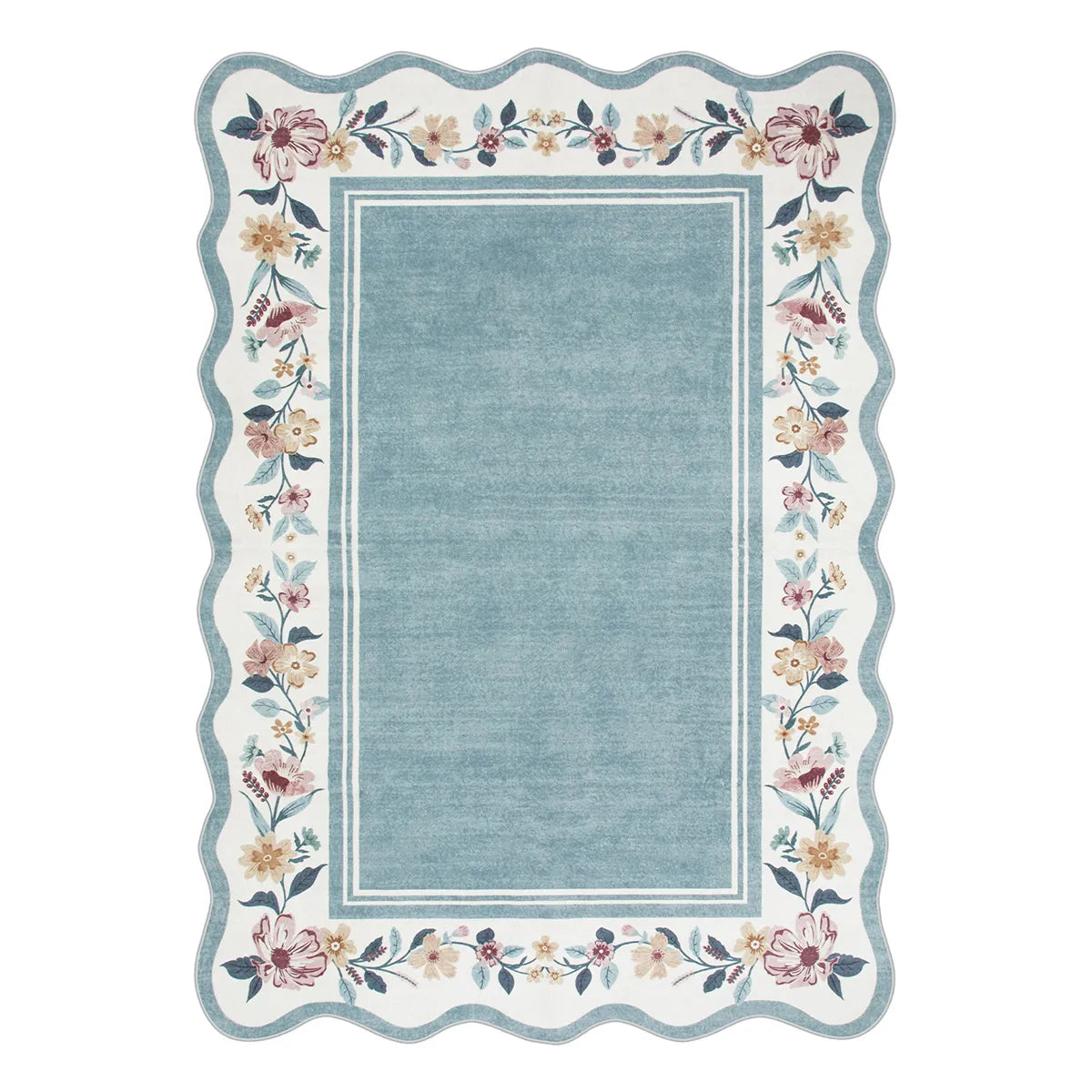 Ariele Washable Vintage Floral Scalloped Dusty Blue Rug - Lahome