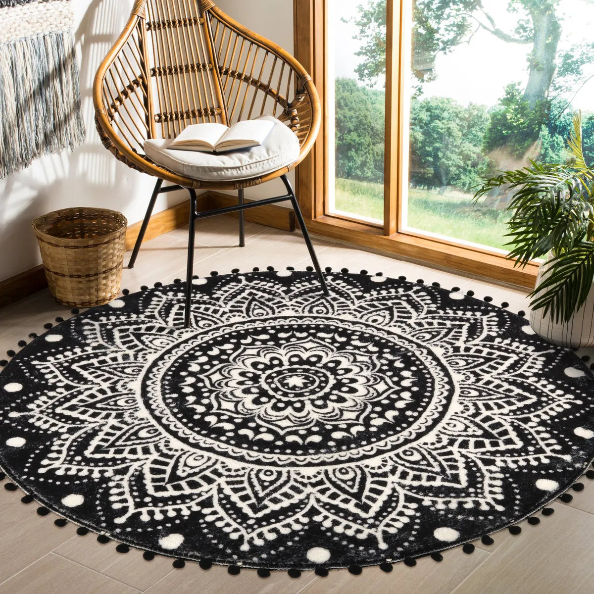 Nova Boho Mandala Stil Waschbarer Schwarzer Runder Teppich Area Rugs Lahome 120 cm (Rund)