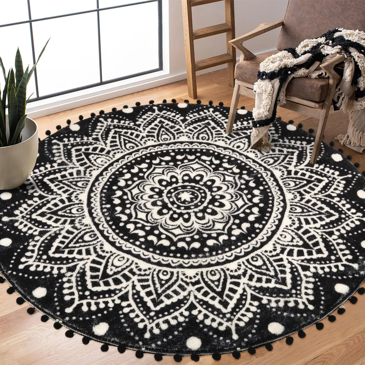 Nova Boho Mandala Stil Waschbarer Schwarzer Runder Teppich Area Rugs Lahome