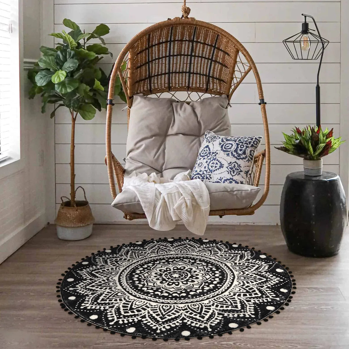 Nova Boho Mandala Stil Waschbarer Schwarzer Runder Teppich Area Rugs Lahome