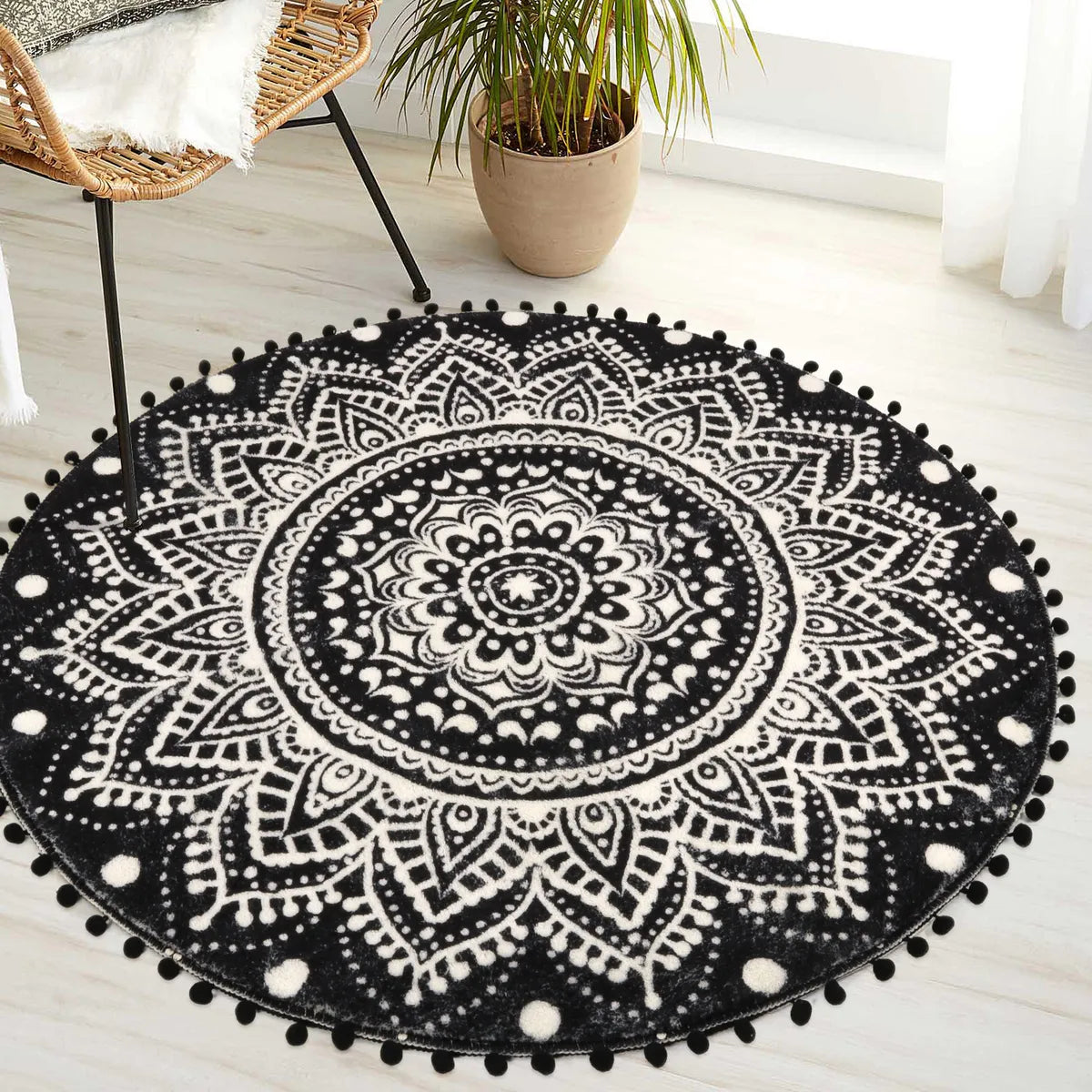 Nova Boho Mandala Stil Waschbarer Schwarzer Runder Teppich Area Rugs Lahome
