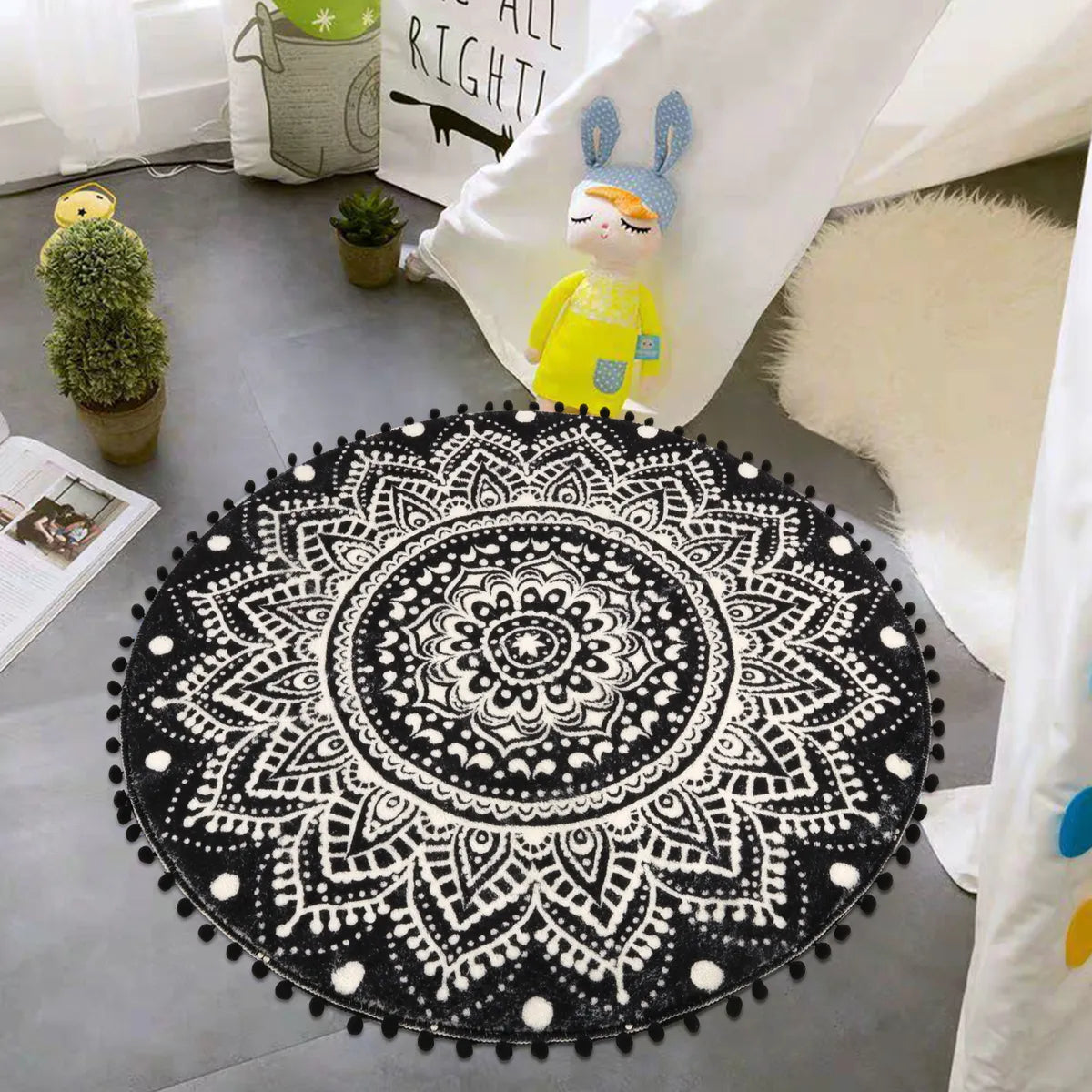 Nova Boho Mandala Stil Waschbarer Schwarzer Runder Teppich Area Rugs Lahome