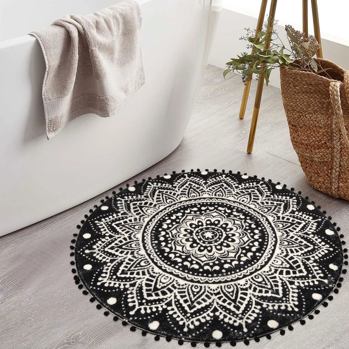 Nova Boho Mandala Stil Waschbarer Schwarzer Runder Teppich Area Rugs Lahome