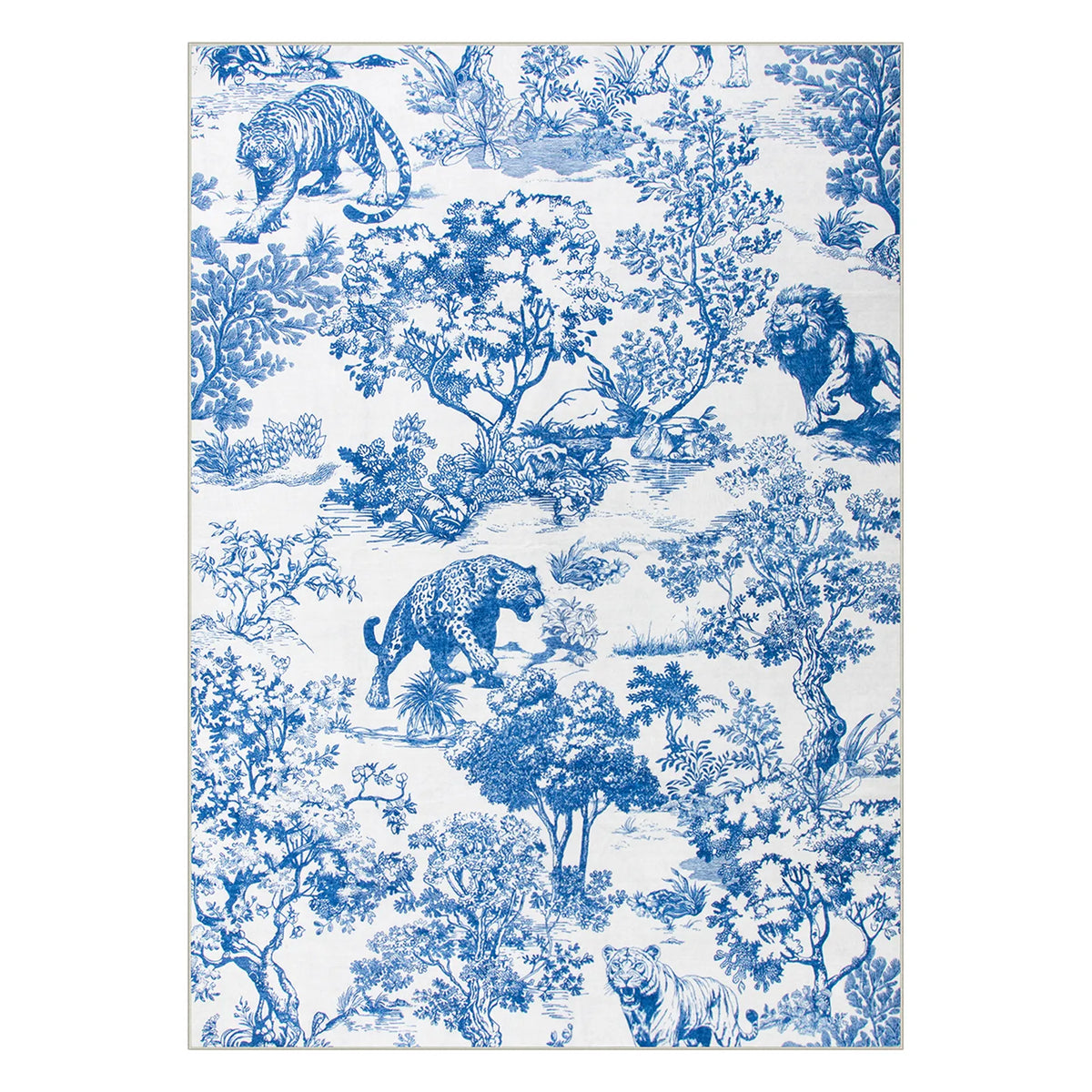 Washable Blue Toile Tiger Area Rug | Brume Vintage Style - Lahome