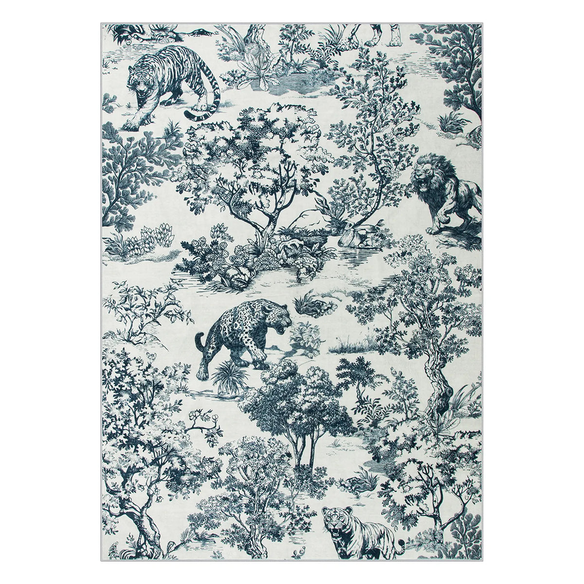 Washable Navy Blue Toile Tiger Area Rug | Brume Vintage Style - Lahome
