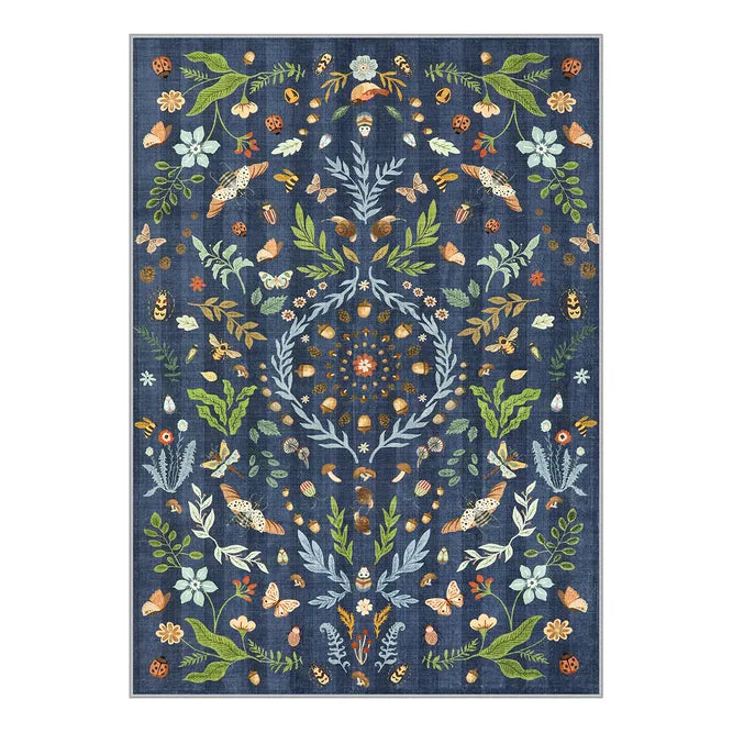 Chloe Washable Boho Insect Botanical Floral Blue Rug - Lahome