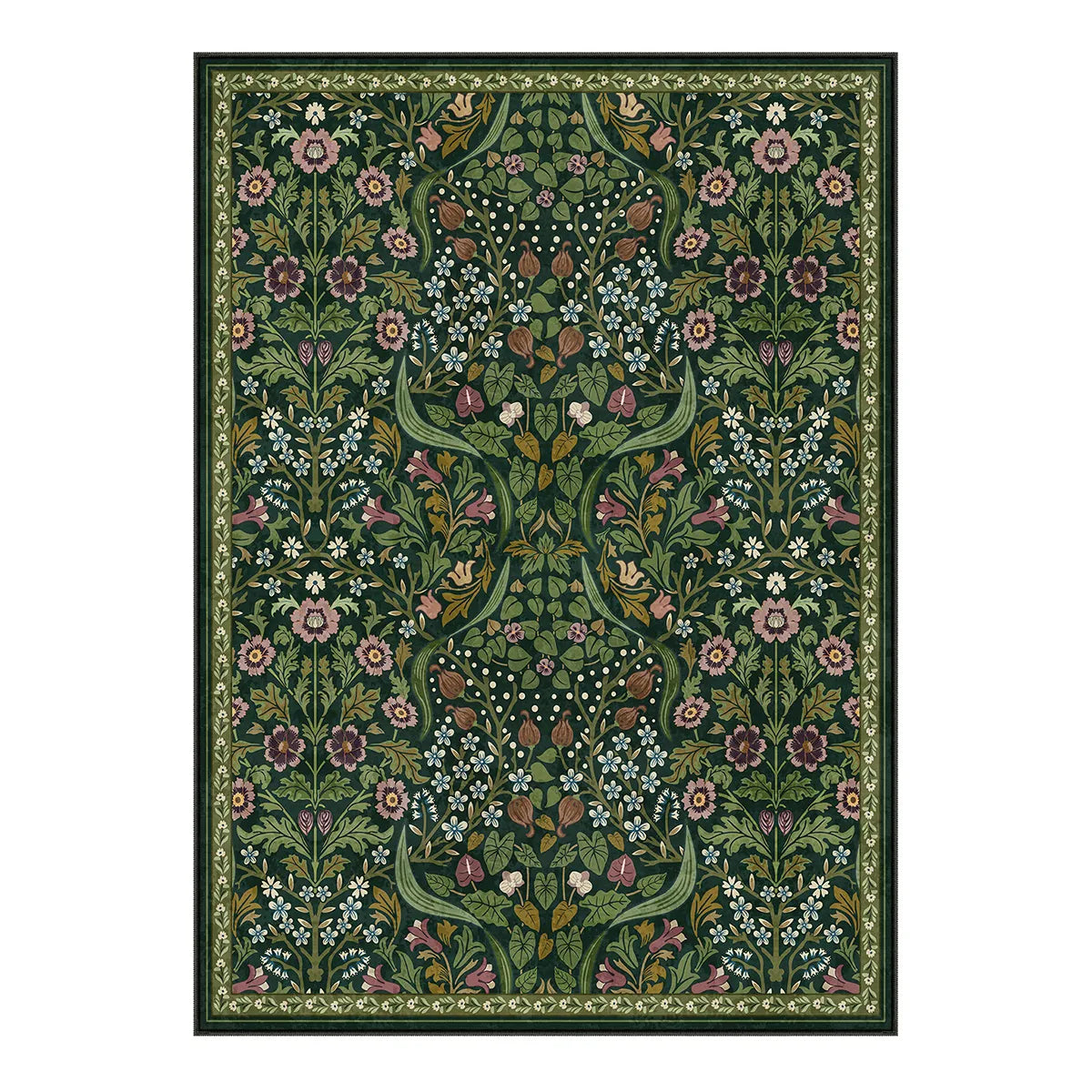 Claude Washable Maximalism Vibrant Blossom Floral Dark Green Rug
