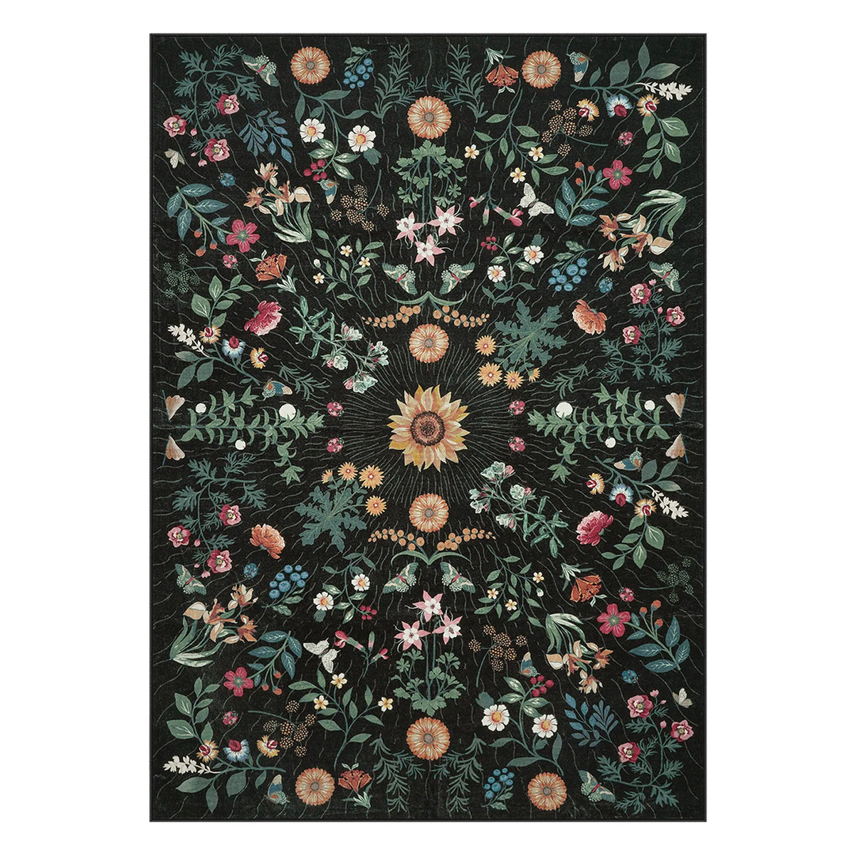 Washable Black Botanical Floral Area Rug | Eclore Boho Style - Lahome