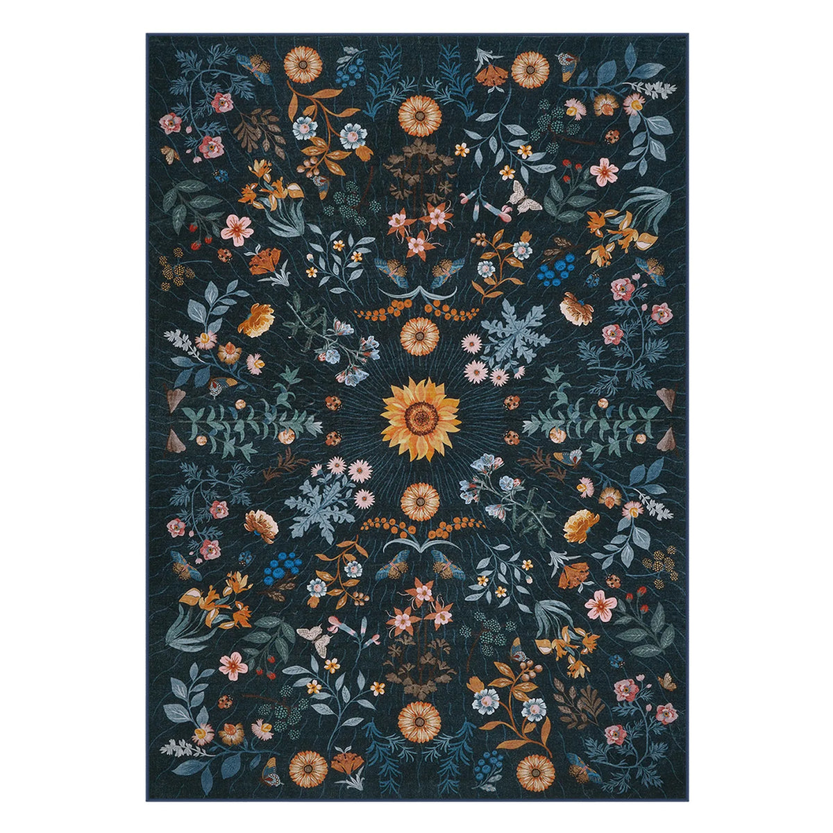 Washable Blue Botanical Floral Area Rug | Eclore Boho Style - Lahome