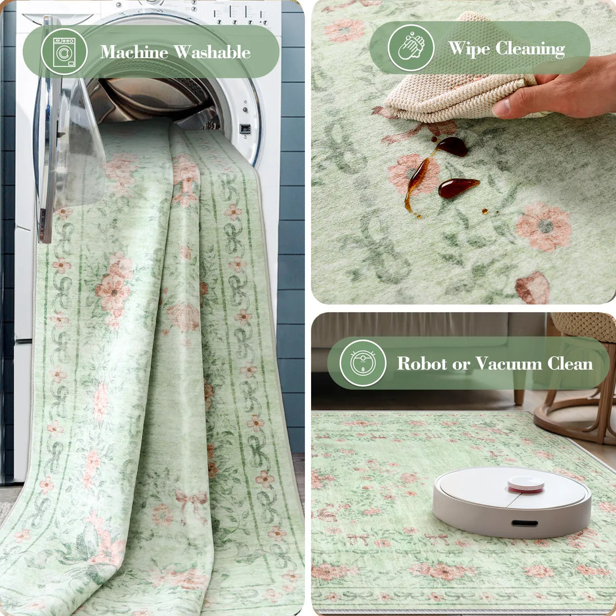 Eliane Washable Vintage Traditional Floral Green Rug Area Rugs Lahome