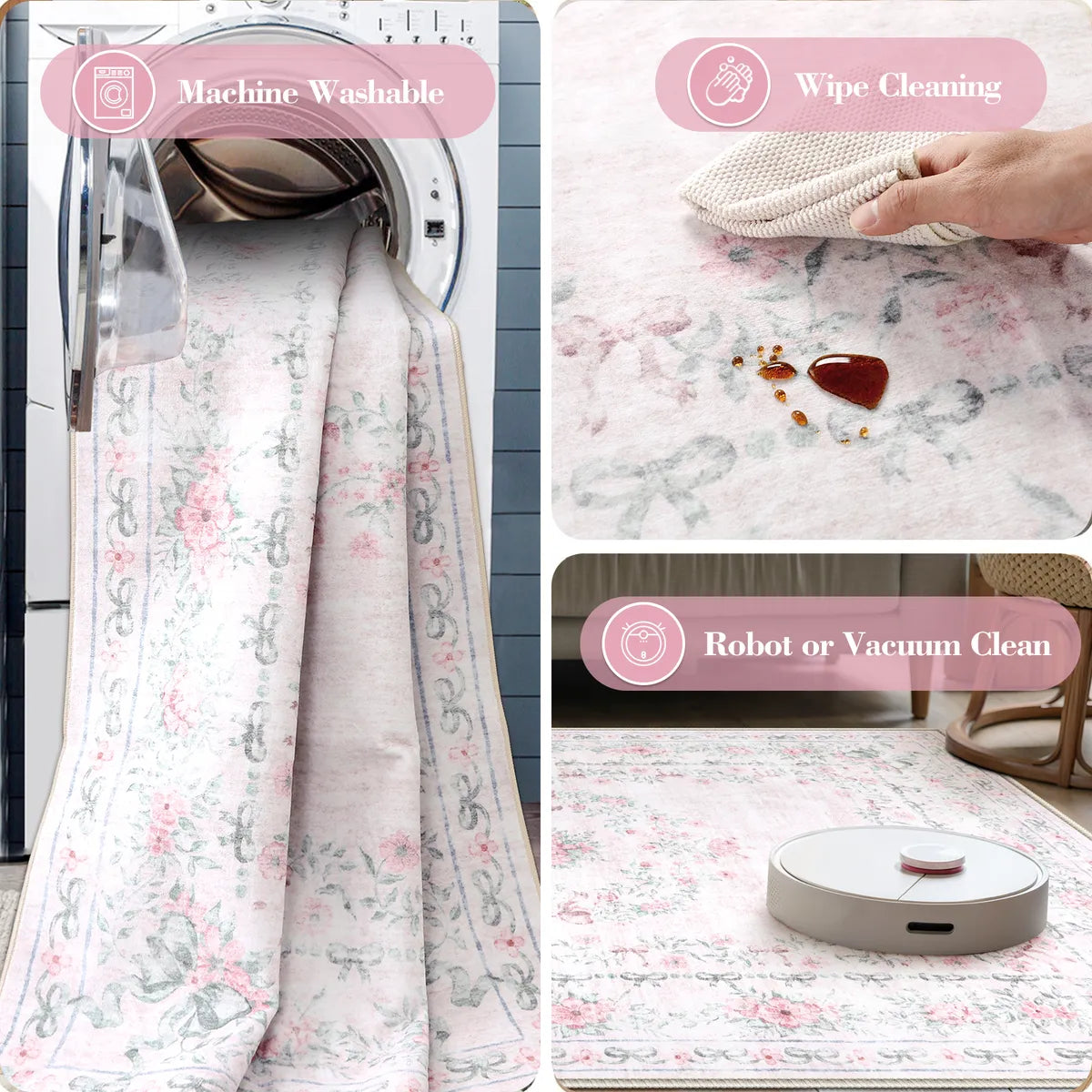 Eliane Washable Vintage Traditional Floral Pink Rug Area Rugs Lahome