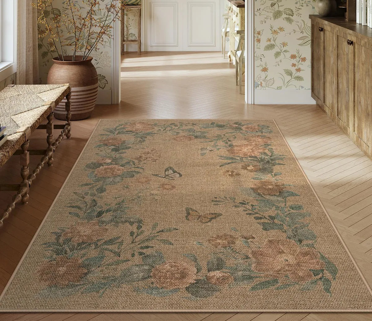 Fleur Washable Farmhouse Floral Butterfly Easy Jute Neutral Indoor/Outdoor Runner Rug Easy Jute Rug Lahome