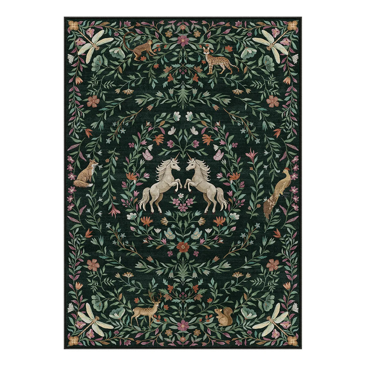 Washable Dark Green Fantasy Unicorn Rug | Myrrha Kid Style - Lahome