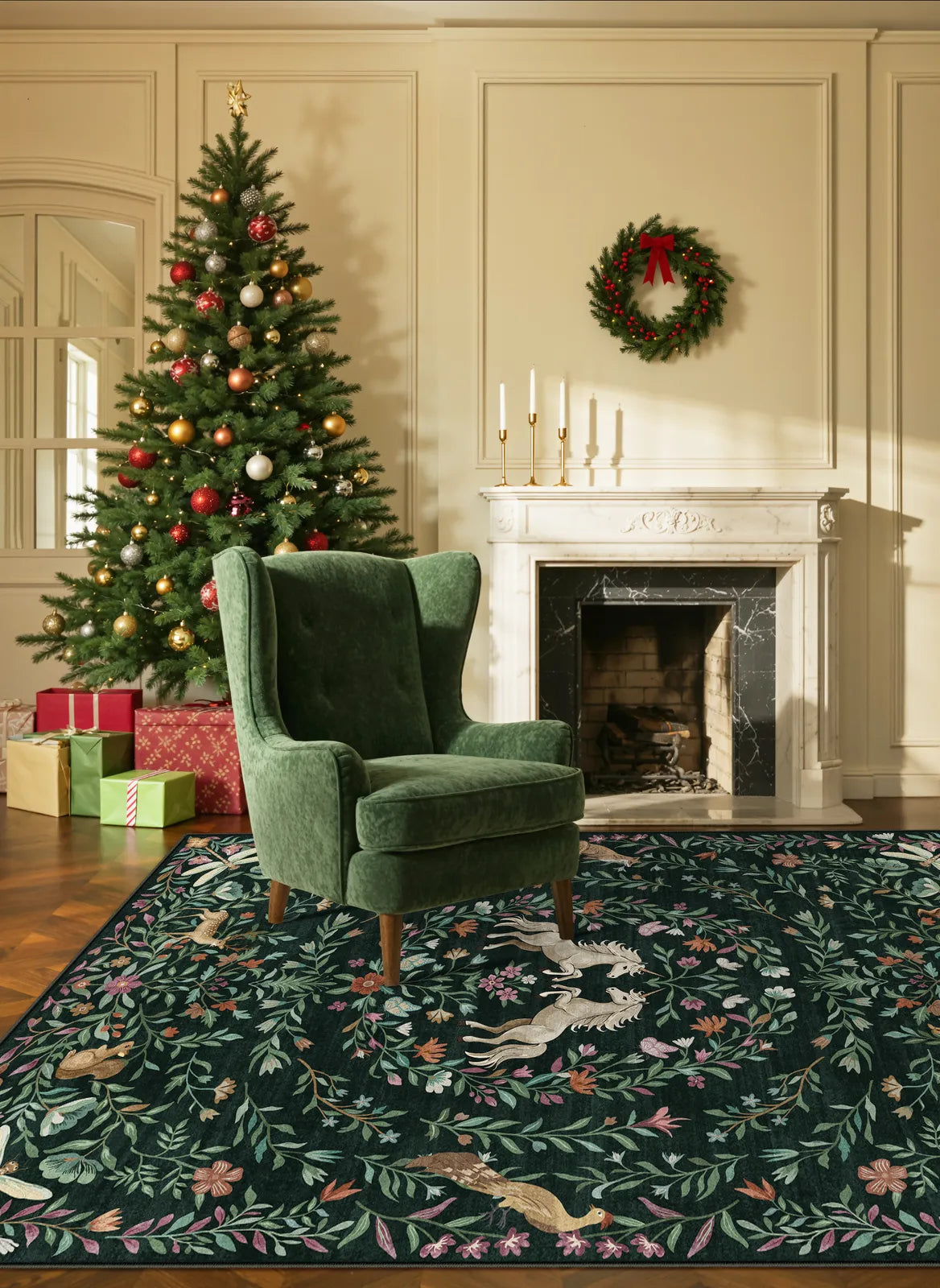 Myrrha Washable Fantasy Garden and Unicorn Dark Green Rug Area Rugs Lahome