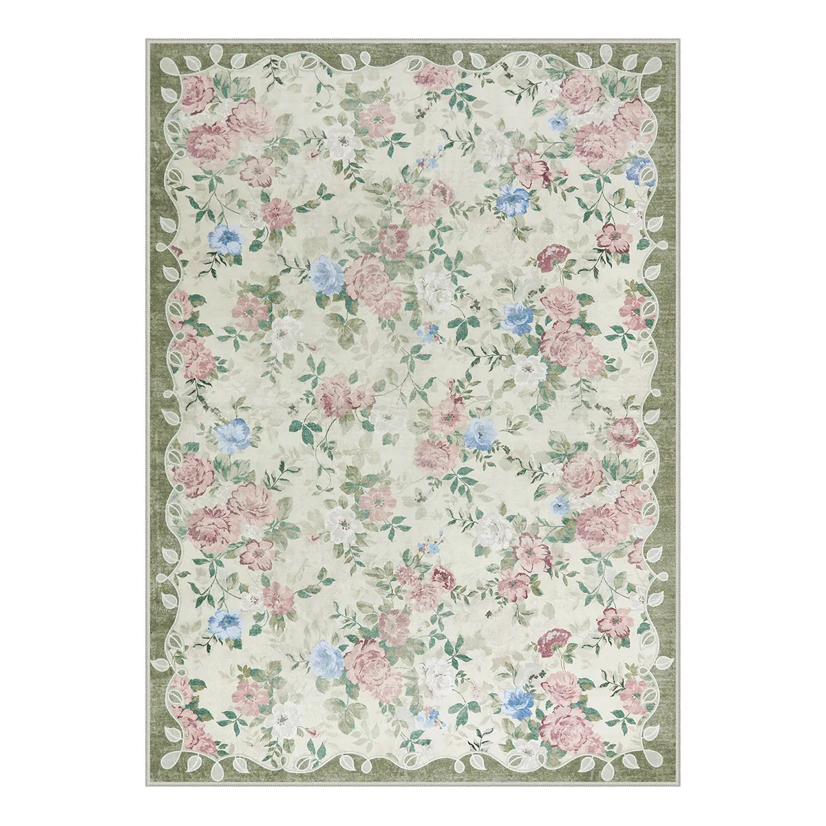 Washable Light Green Romantic Rose Floral Rug | Nina Vintage Style - Lahome