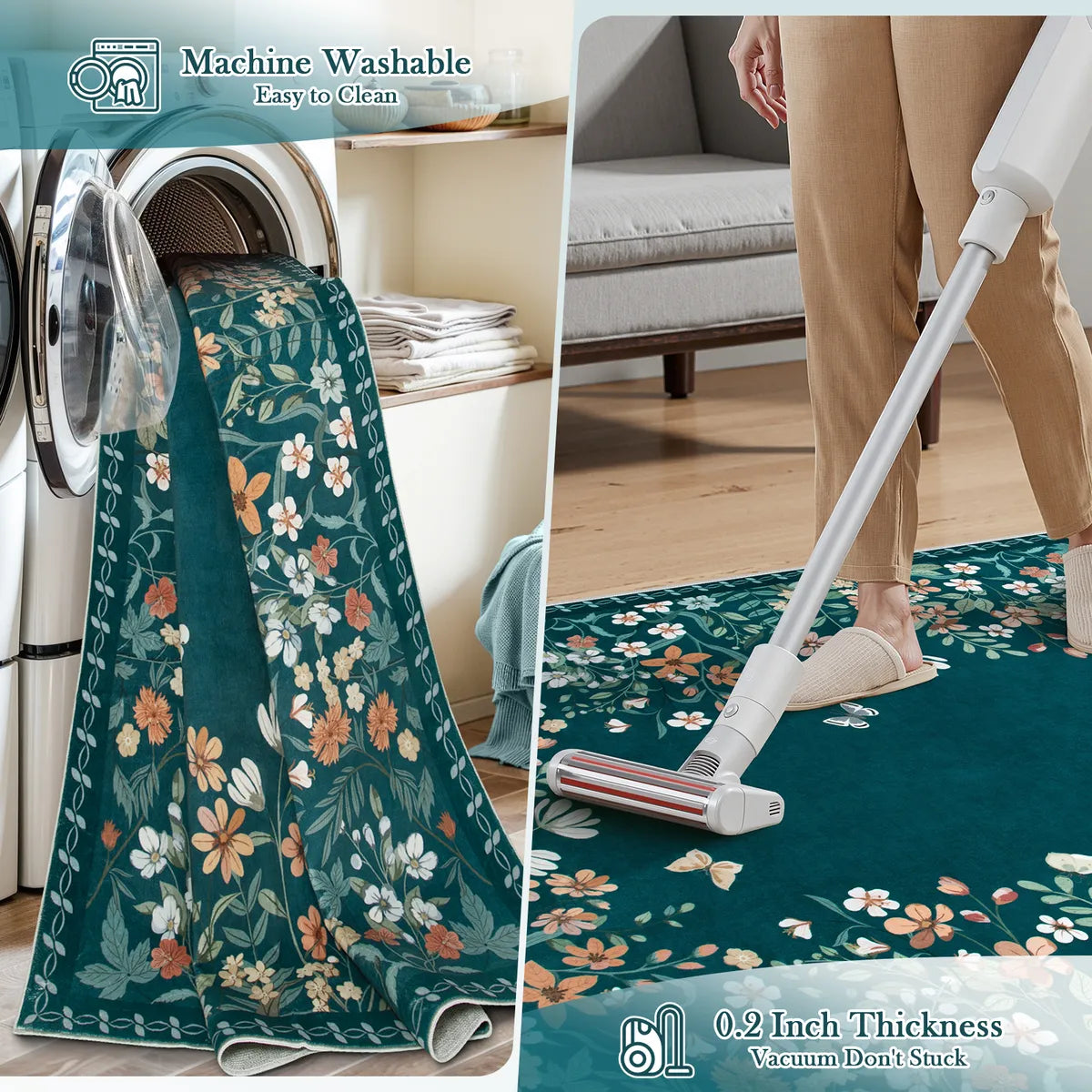 Solene Washable Modern Blooming Floral Garden Blue Rug Area Rugs Lahome