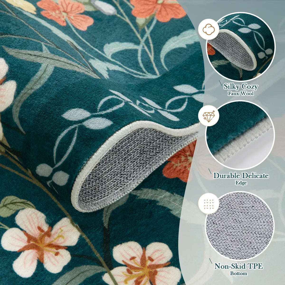 Solene Washable Modern Blooming Floral Garden Blue Rug Area Rugs Lahome