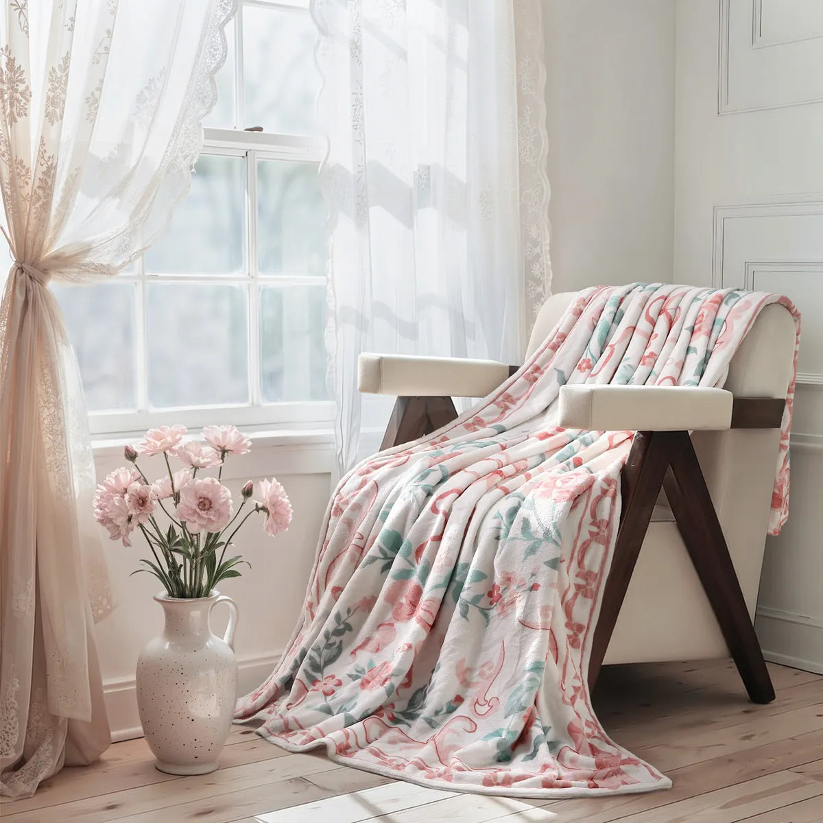 Soline Washable Floral Bows Pink Throw Blanket Blanket Lahome