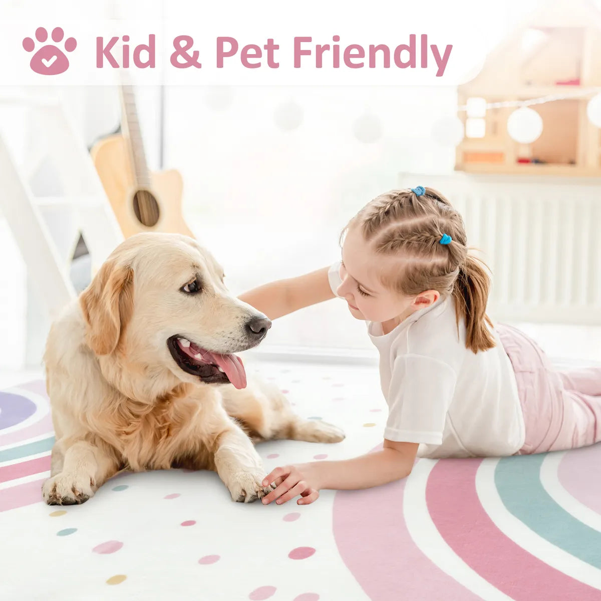 Tipou Washable Rainbow Pink Kids Rug Area Rugs Lahome