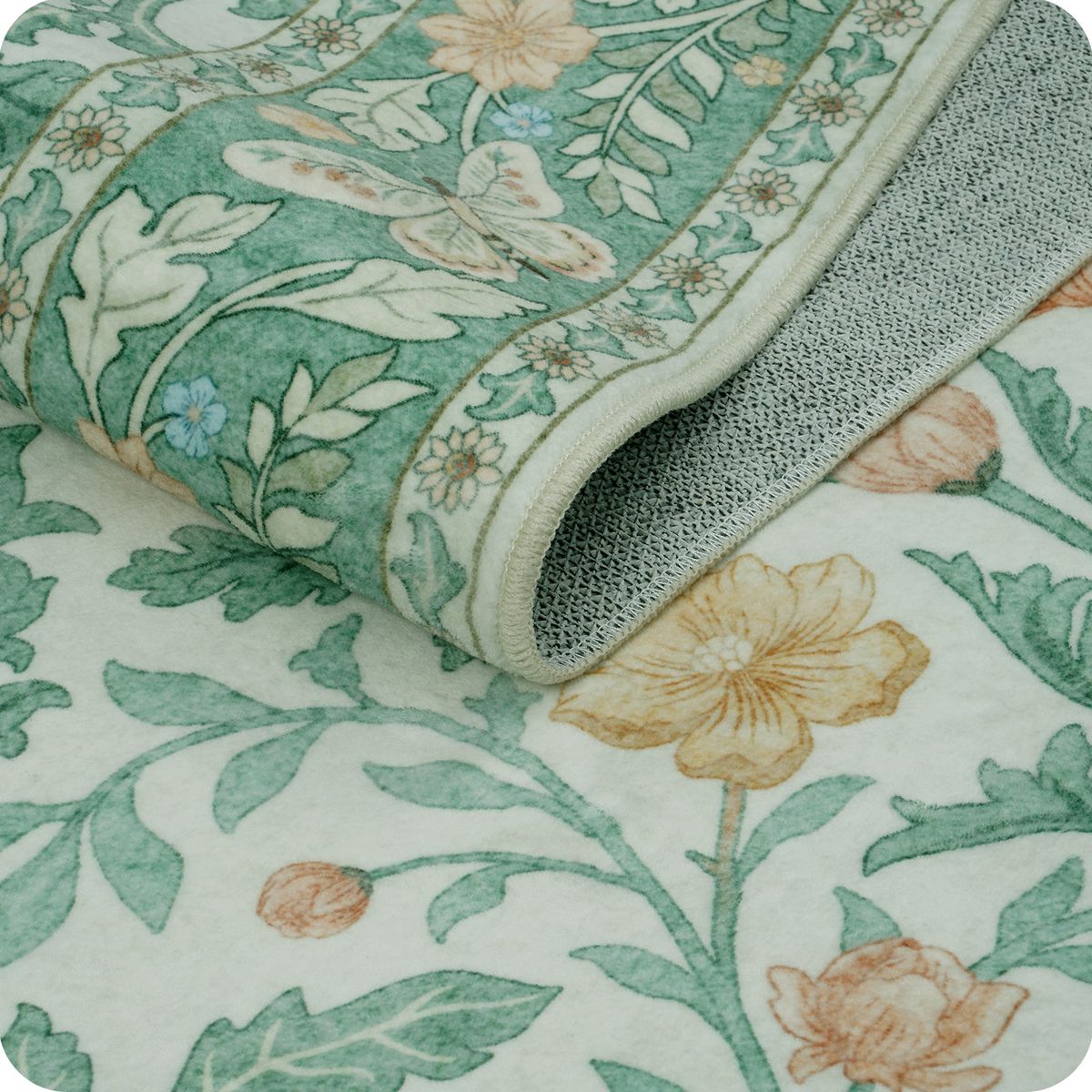 Verena Washable Vintage Floral Butterfly Light-Green Rug Area Rugs Lahome